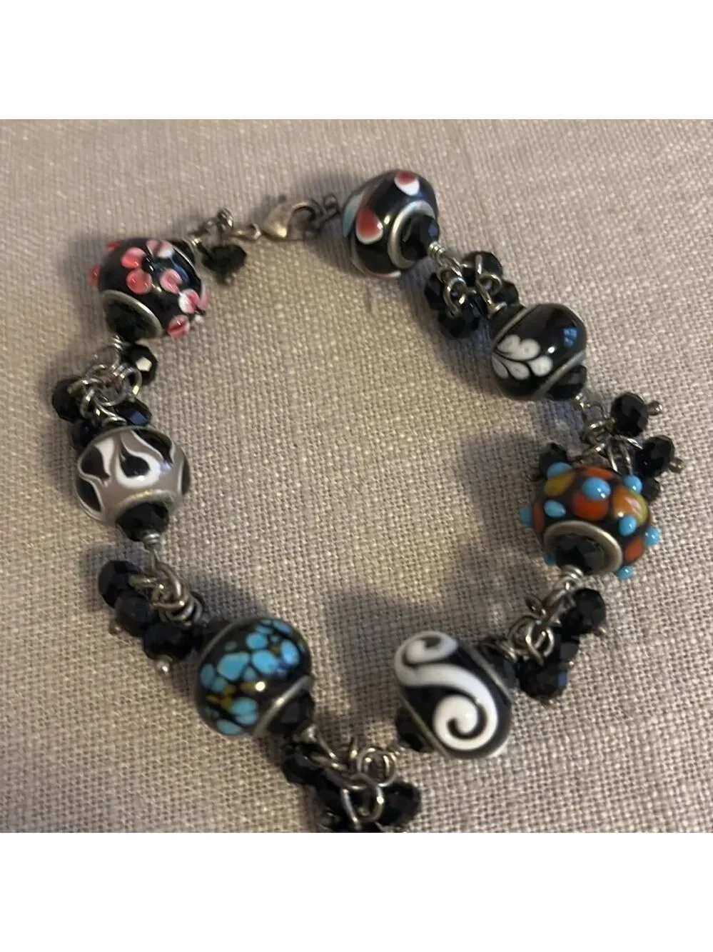 Artisan Glass Lampwork Beaded Bracelet Crystal Silver Tone Black Multi